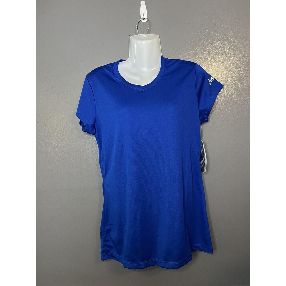 Asics Shirt Womens Medium Blue Circuit Warm Up Athletic Polyester V Neck BT872
